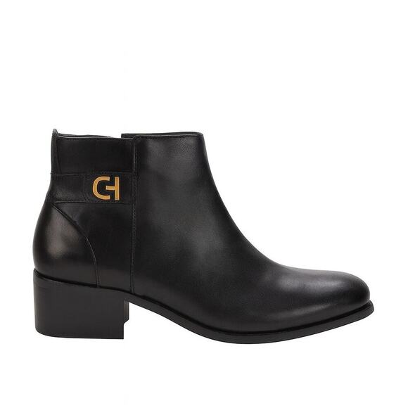 Cole Haan Hollis Black Leather Ankle Boots | Gold Buckle Zip Booties Fall Staple - Picture 1 of 16